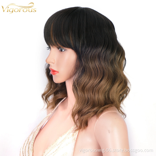 Black Root Ombre Bob Cut Fiber Lace Front Loose Wave Ombre For Women Short Synthetic Hair Brown Wigs High Quality